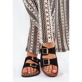 Les tongs pour femmes sur une plate-forme en liège avec des pinces dorées noires 2