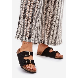 Les tongs pour femmes sur une plate-forme en liège avec des pinces dorées noires 1