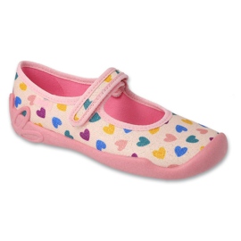 Chaussons enfants Befado avec velcro 114Y515, roses avec coeurs colorés 1