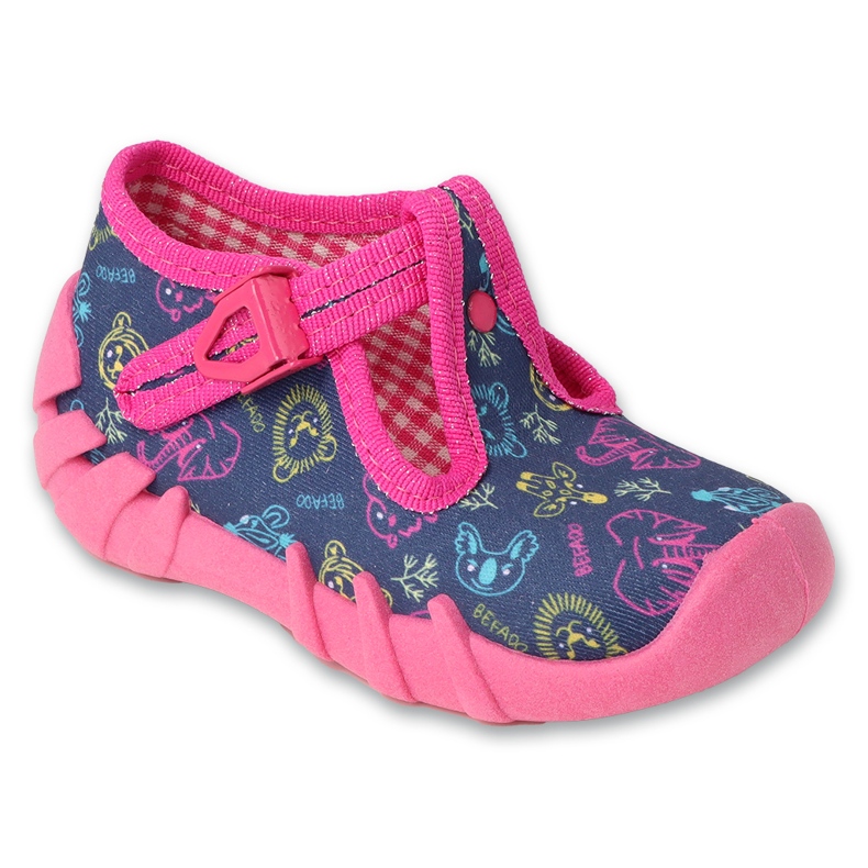 Chaussons enfants Befado avec fermoir 110N492, roses avec applications colorées bleu 1