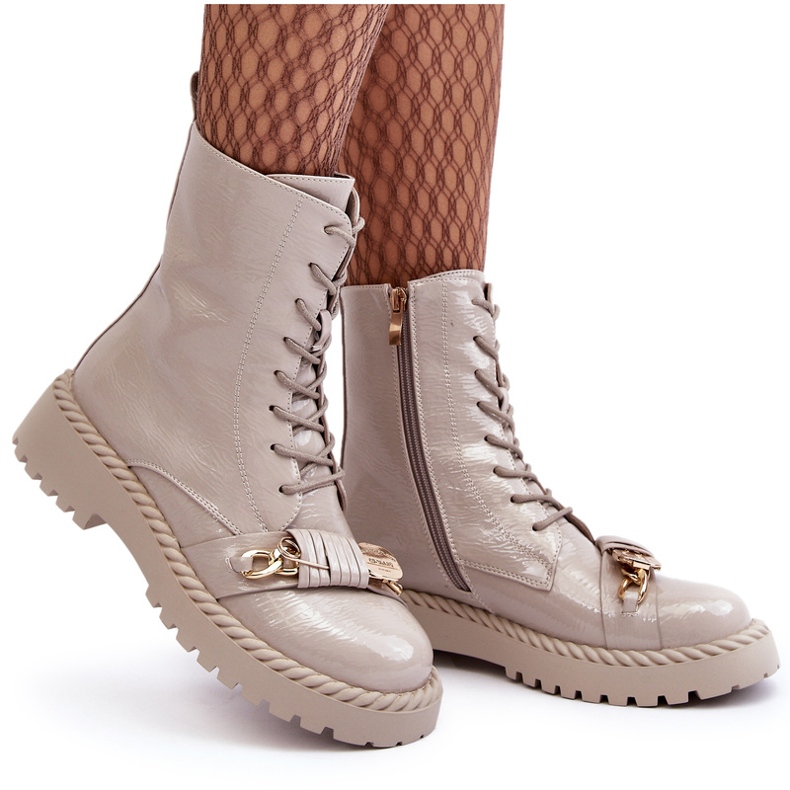 S.Barski Travailleurs de bottes verni aux femmes avec décoration D&amp;A MR870-67 beige légère 3