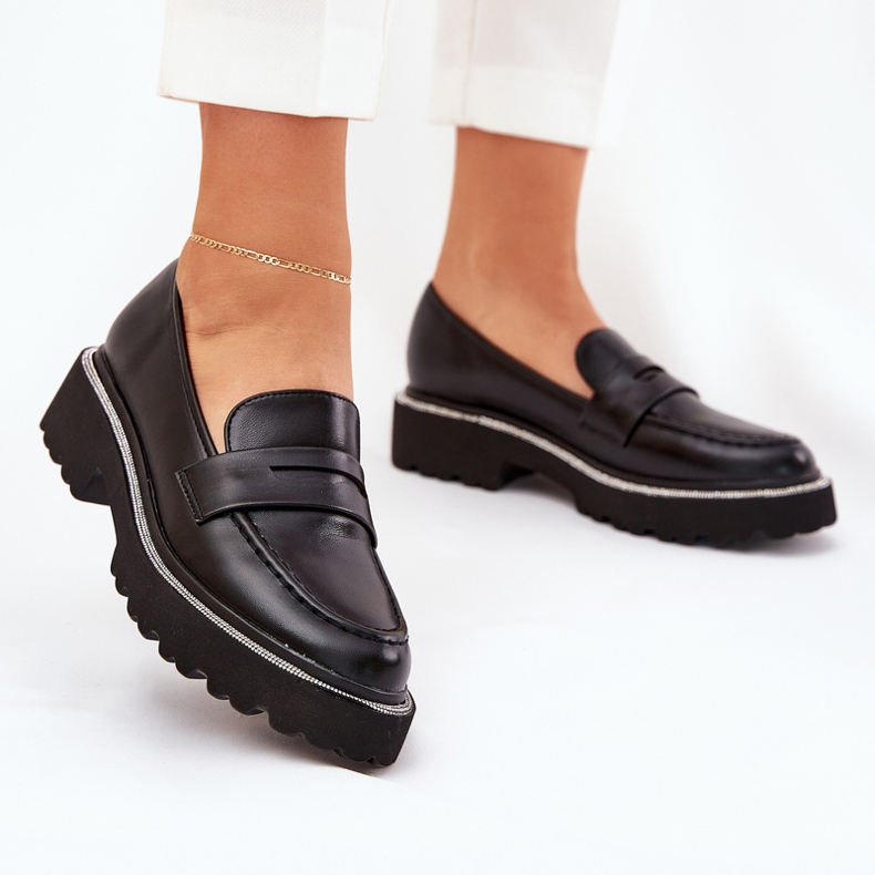 Mocassins en cuir écologique pour femmes avec zircons noirs 2