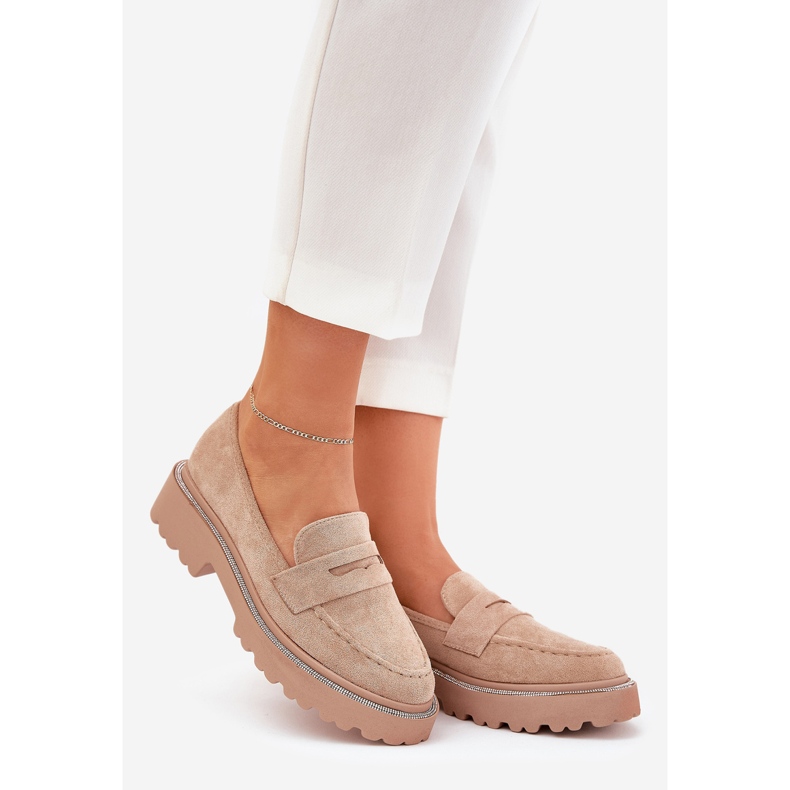 Éco-mocassins féminines avec des zircons kaki beige 1