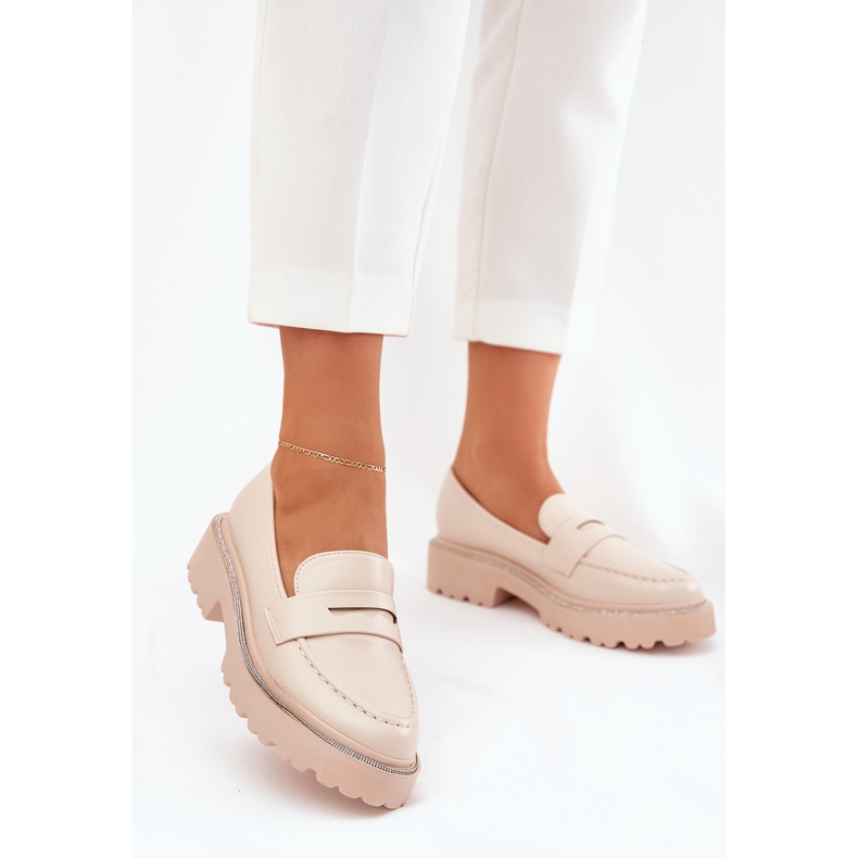Mocassins en cuir écologique pour femmes avec zircons beige 2