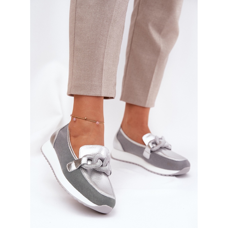 S.Barski Mocassins en cuir féminin avec un ornement LR51-966 Silver argent 2