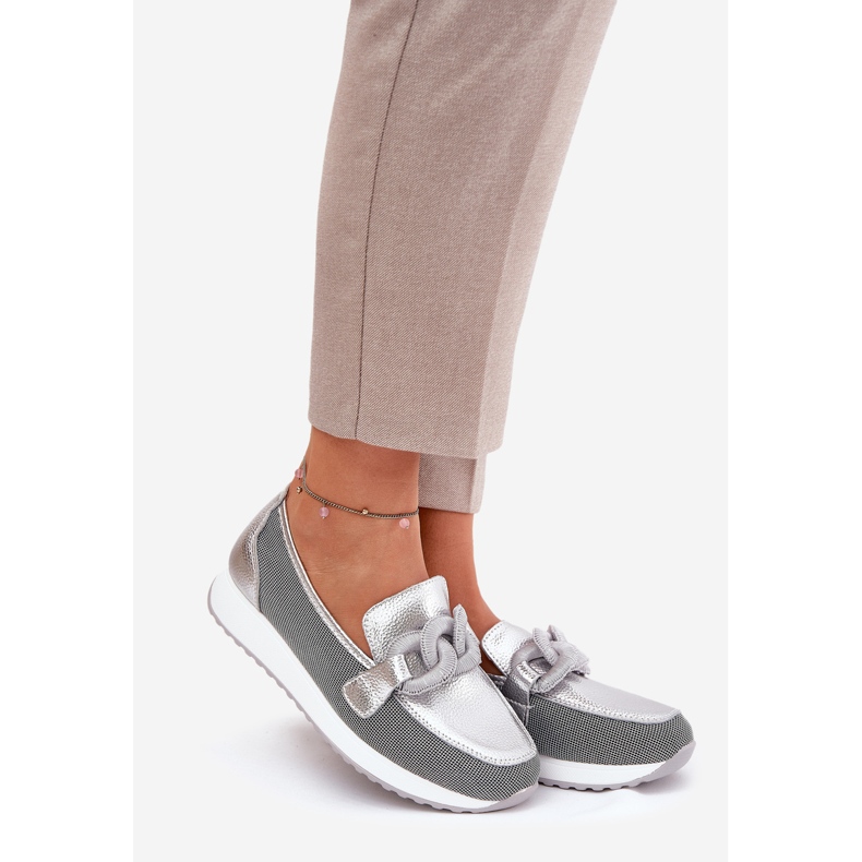 S.Barski Mocassins en cuir féminin avec un ornement LR51-966 Silver argent 1