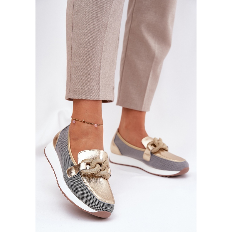 S.Barski Mocassins en cuir féminin avec un ornement LR51-966 Gold doré 2