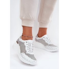 Cuir OpenWork Sports Shoes Sneakers on Wedge S.Barski LR51-641 blanc blanche 2
