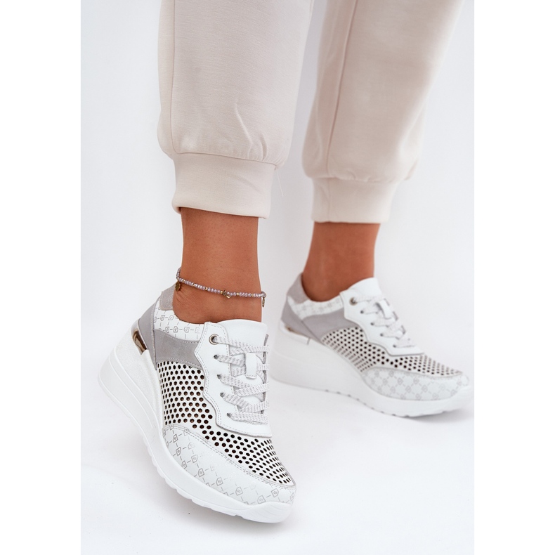Cuir OpenWork Sports Shoes Sneakers on Wedge S.Barski LR51-641 blanc blanche 2
