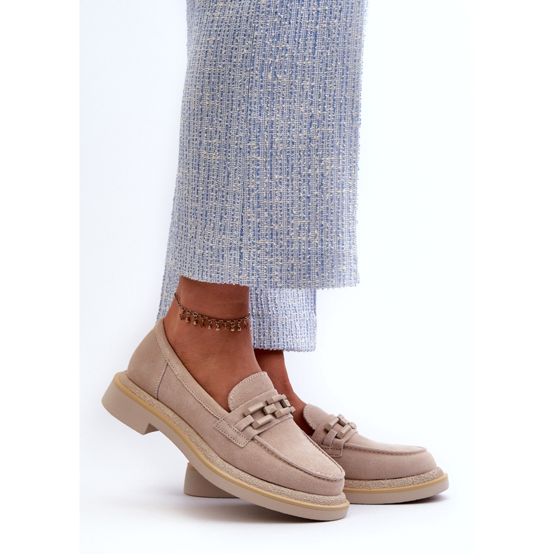 S.Barski Mocassins en cuir à talons plats pour femmes avec décoration tw101 beige léger 1