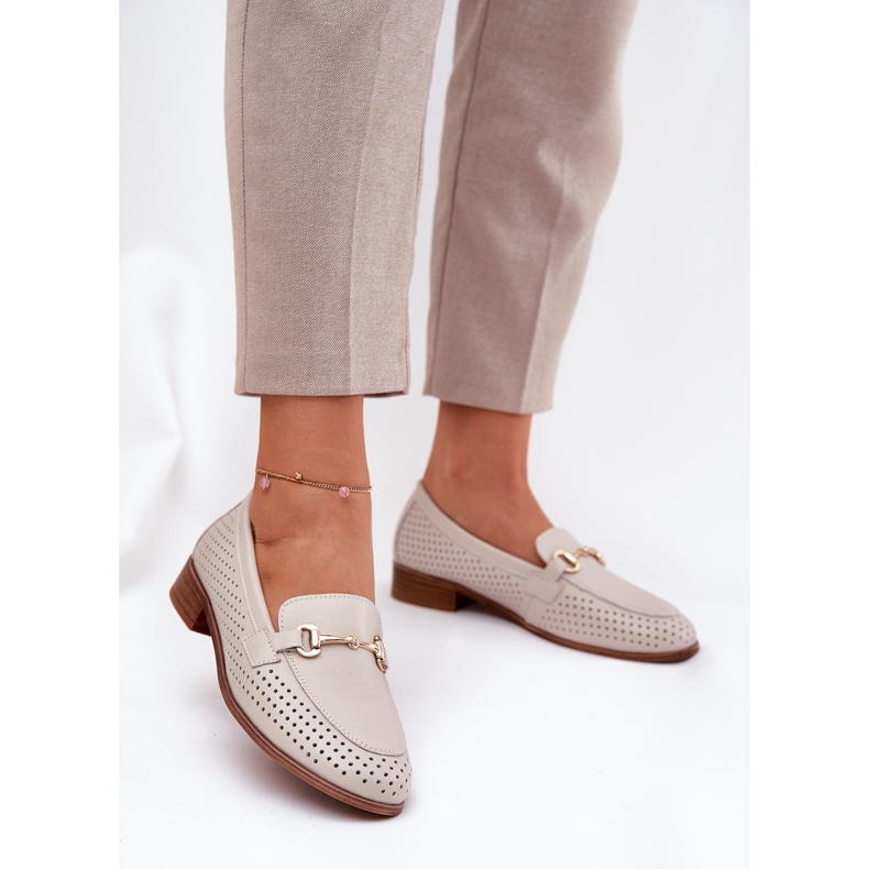 S.Barski Mocassins en cuir pour femmes avec ornement à talons plats S. Barski LR51-588 Beige 2