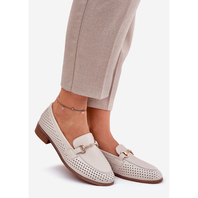 S.Barski Mocassins en cuir pour femmes avec ornement à talons plats S. Barski LR51-588 Beige 1