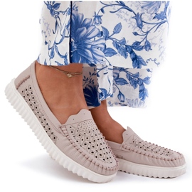 Vinceza Mocassins en cuir féminin avec un motif ouvert Vincez 88028 beige 7