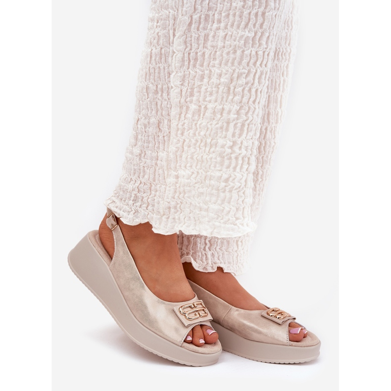 S.Barski Sandales en cuir pour femmes en coin avec un détail décoratif de S. Barski LR51-593 Gold doré 1