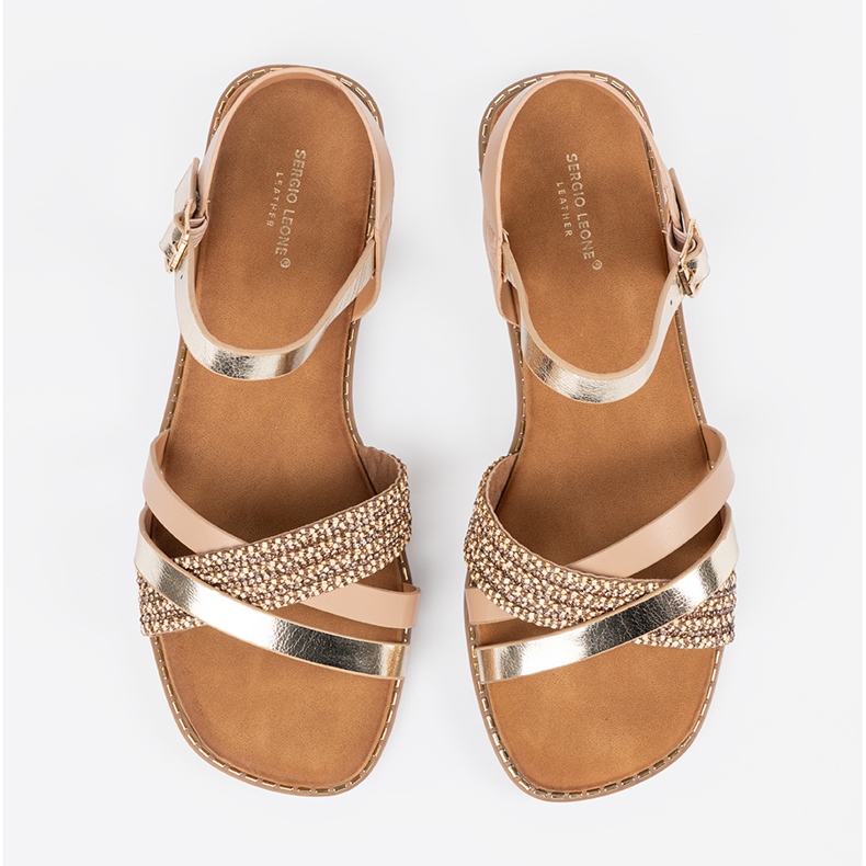 Sandales féminines d'or sur une semelle plate Sergio Leone 2