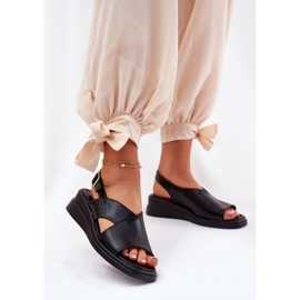 Jezzi Sandales pour femmes peintes en coin avec cuir en cuir écologique en cuir noir 2