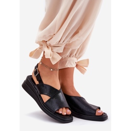 Jezzi Sandales pour femmes peintes en coin avec cuir en cuir écologique en cuir noir 1