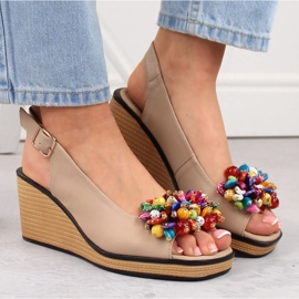Sandales compensées en cuir avec perles colorées Filippo W PAW528 beige 3