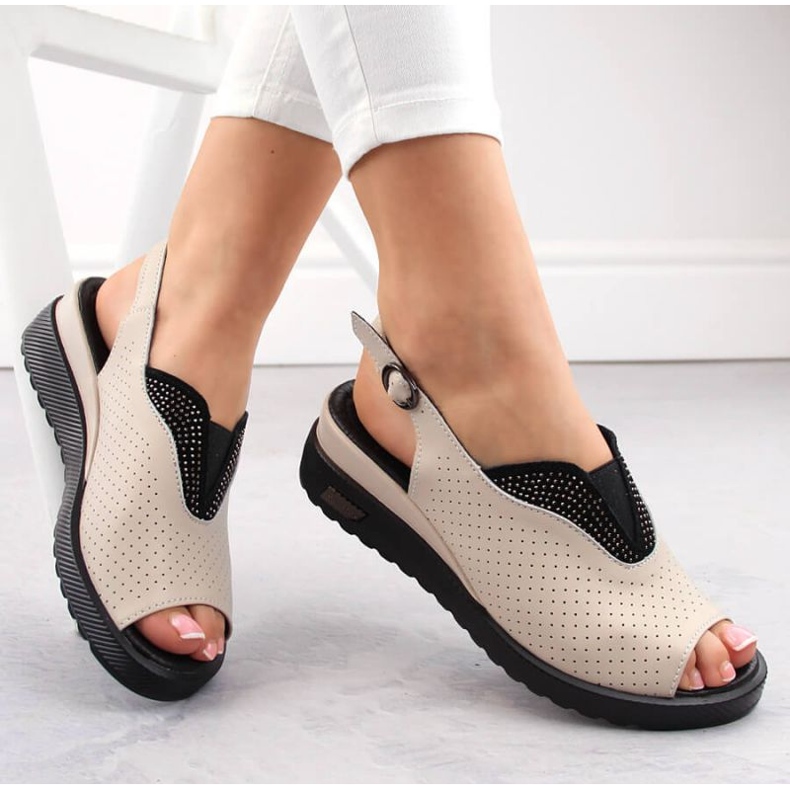 Sandales compensées ajourées en cuir Filippo W PAW537, beige 1