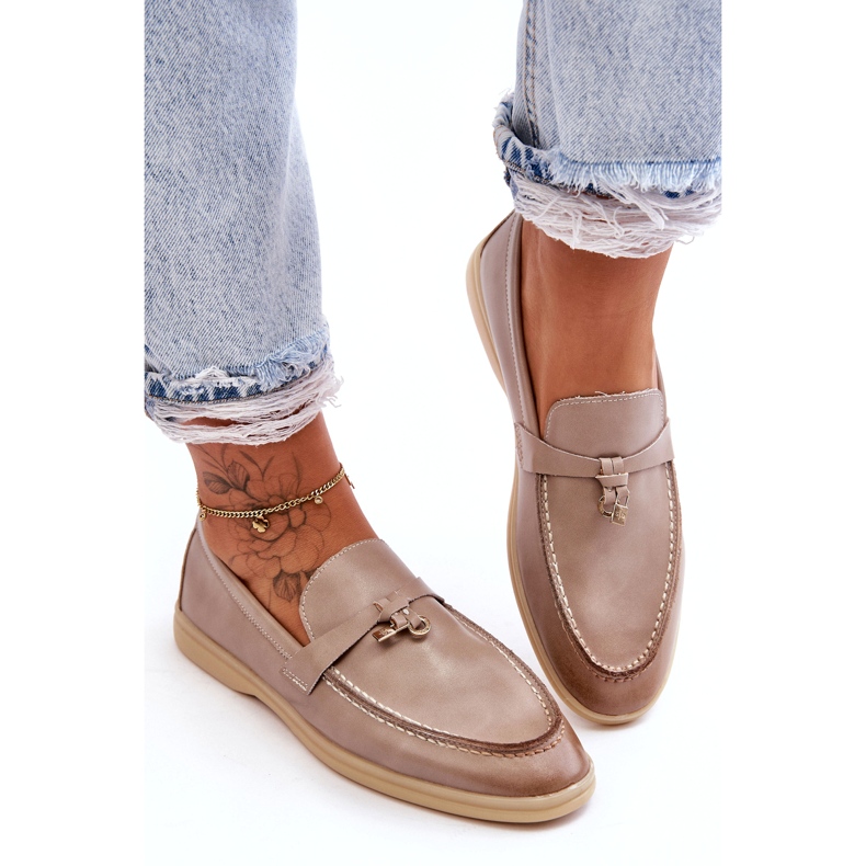 Mocassins d'insertion en cuir gris pour femmes beige 1