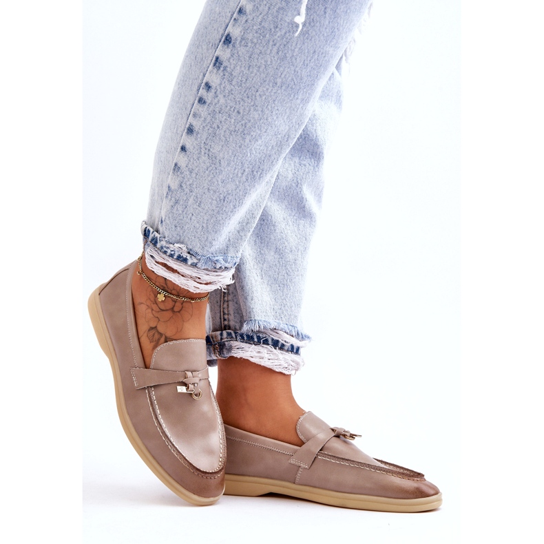 Mocassins d'insertion en cuir gris pour femmes beige 4