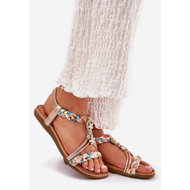 Sandales pour femmes plates avec rayures et épingles tressées Artiker 54C1323 PLN doré 1