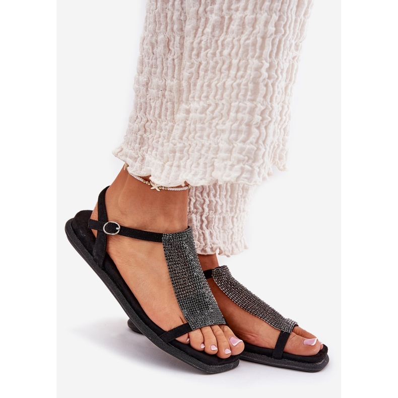 Sandales féminines élégantes plates avec artiker 56c1370 cristaux noirs le noir 1