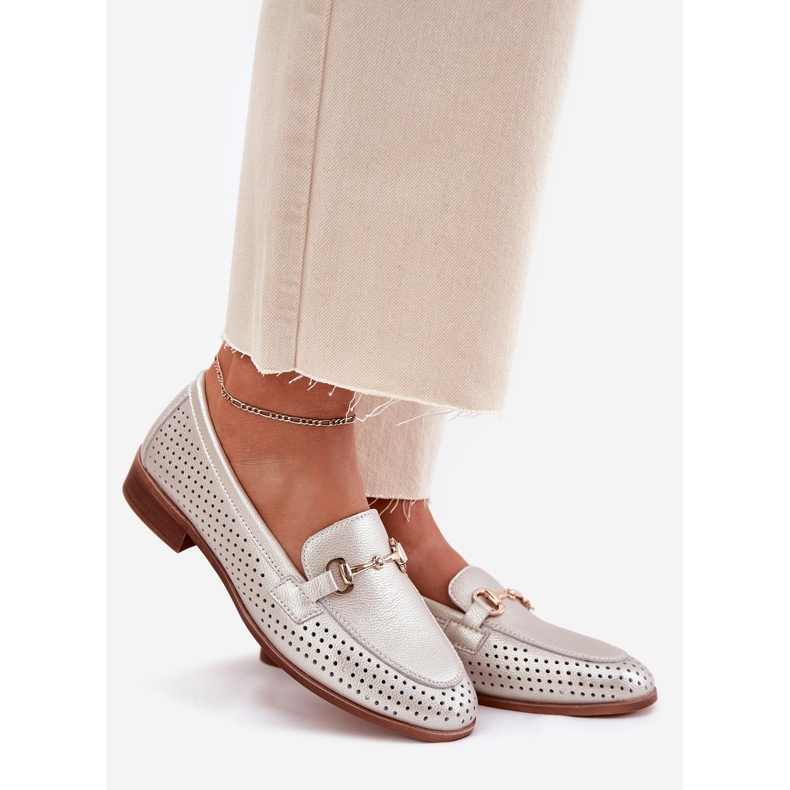 S.Barski Mocassins en cuir pour femmes avec ornement à talons plats S. Barski LR51-594 Silver argent 1