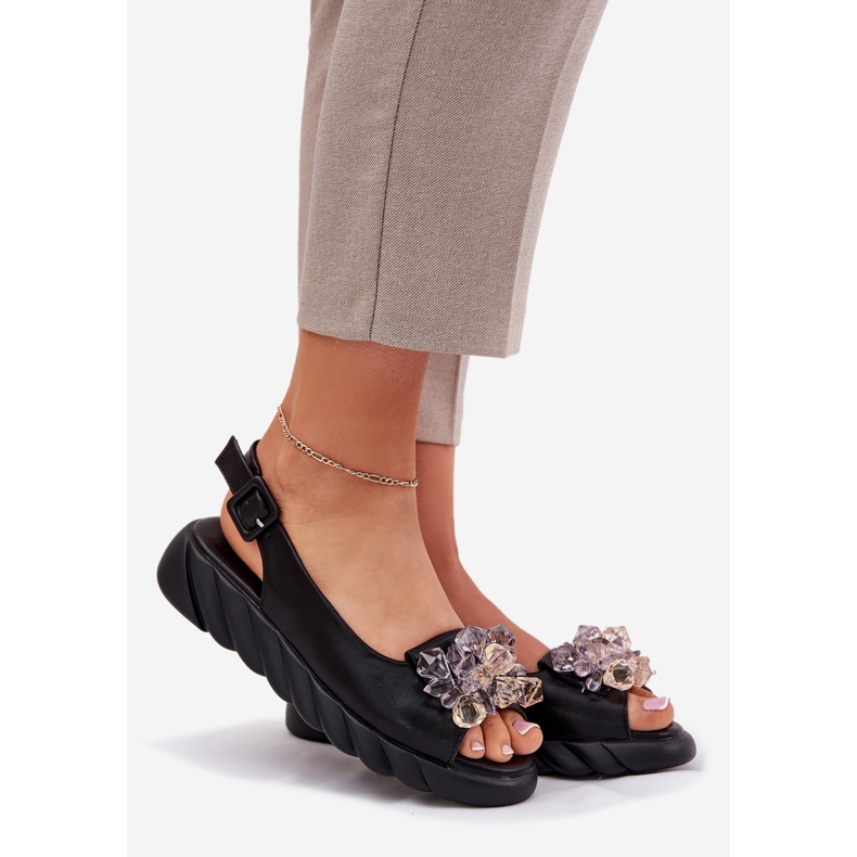 Sandales en cuir féminin avec artiker 54c1628 cristaux noirs 1