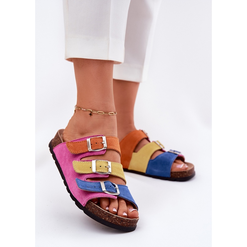 Les tongs en daim féminins avec Panto Fino RR267033 boucles fuchsia rose 2