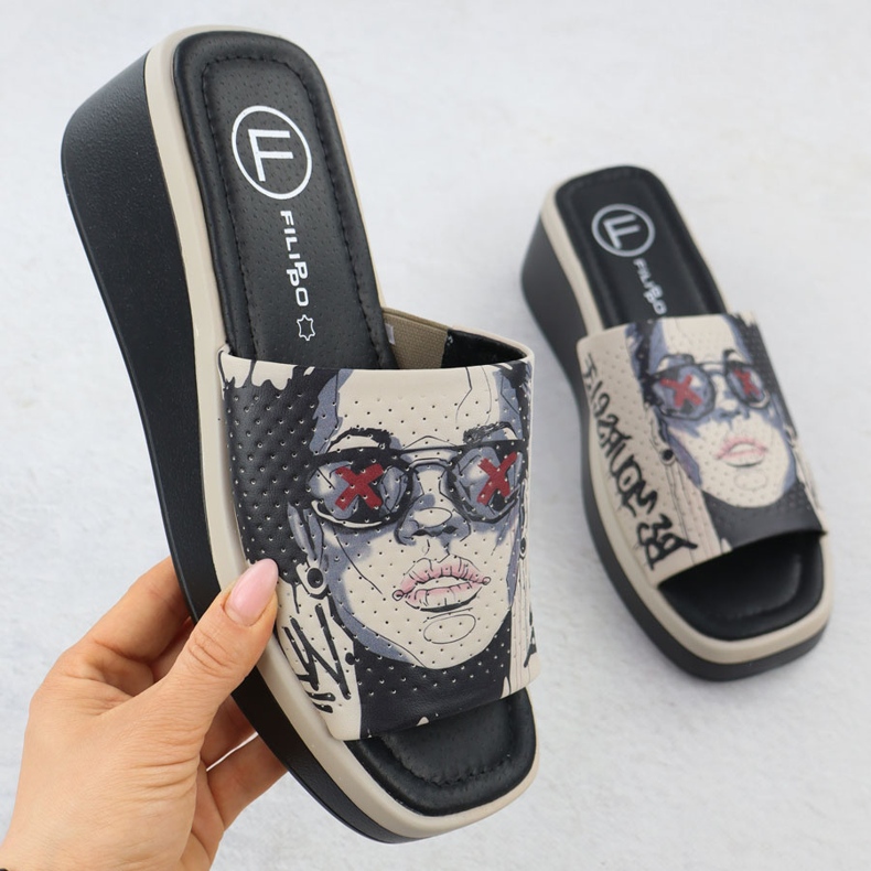 Slippers en cuir féminin avec imprimé beige Filippo DK6158 1