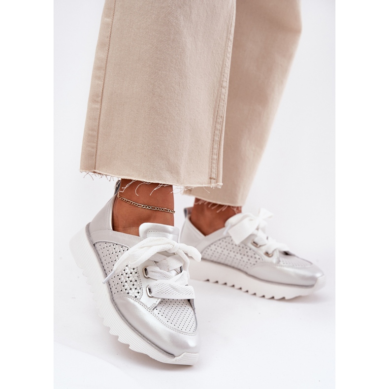 S.Barski Sneakers en cuir féminin sur la plate-forme en argent LR51-796 2