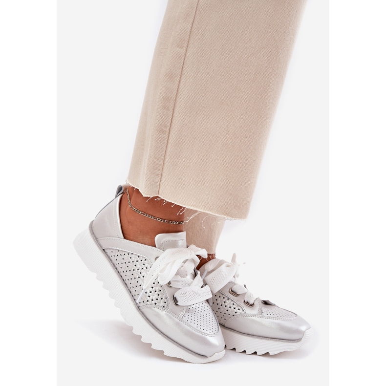 S.Barski Sneakers en cuir féminin sur la plate-forme en argent LR51-796 1