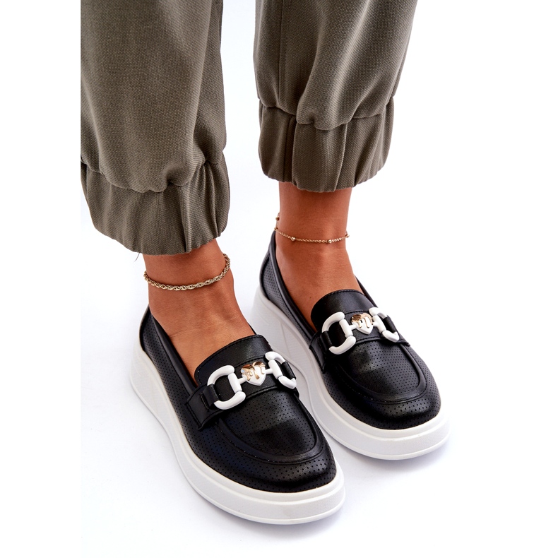 S.Barski Mandards en cuir pour femmes sur la plate-forme Czarne S. Barski LR720 avec un ornement le noir 3