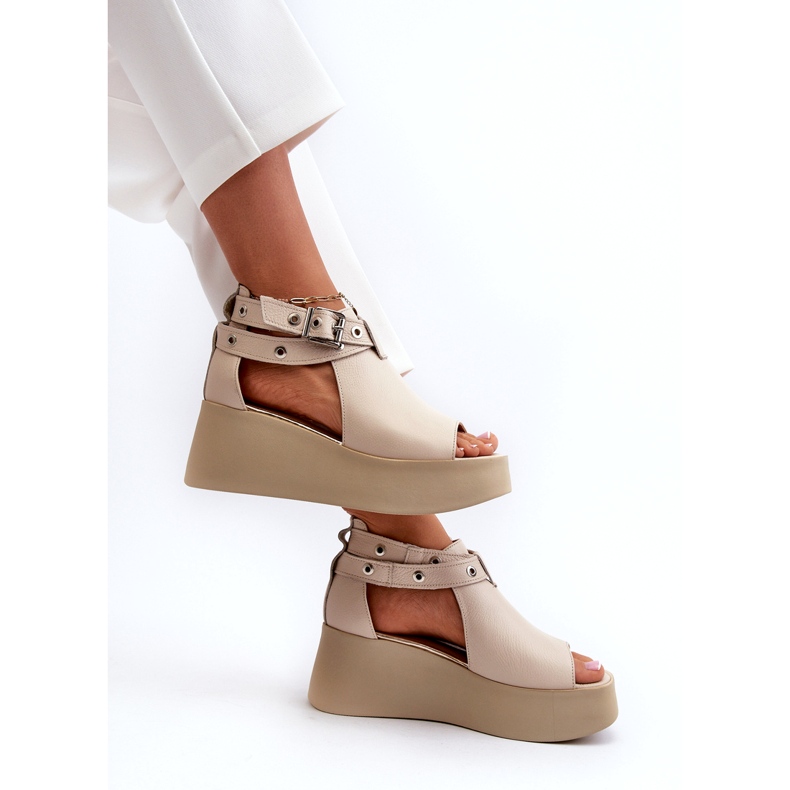 Zazoo 1732 Sandales compensées en cuir, Beige 3