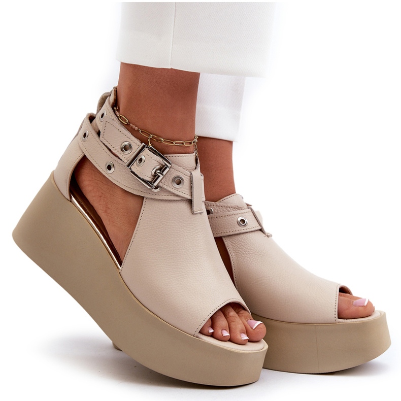 Zazoo 1732 Sandales compensées en cuir, Beige 4