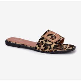 Inna Les tongs plats des femmes avec une boucle de léopard décorative brun 4