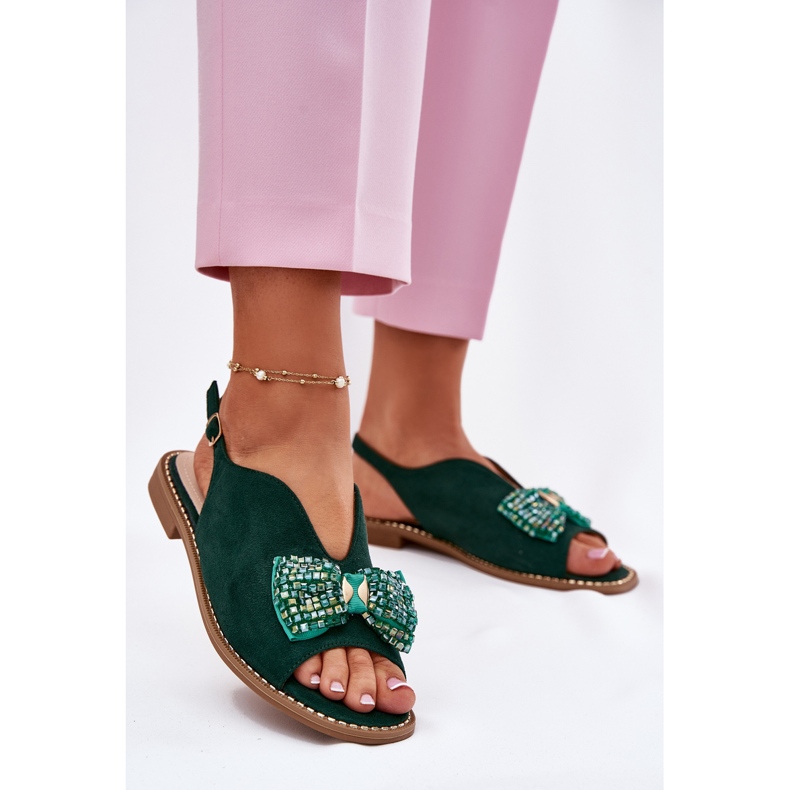 S.Barski Sandales féminines avec des nœuds à talons plats. Barski KV51-014 vert 2