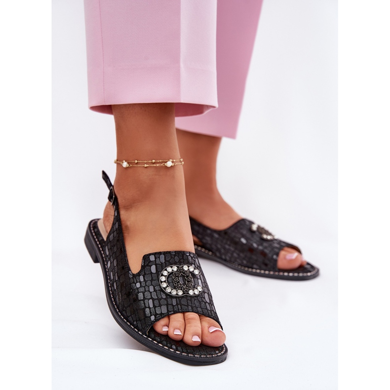 S.Barski Sandales en cuir avec ornement à talons plats S. Barski KV51-096 noir 2