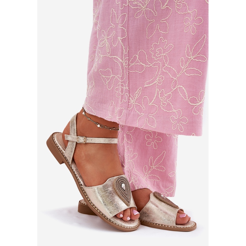 S.Barski Sandales à talons plats pour femmes avec un ornement de S. Barski KV51-098 Zloty doré 1