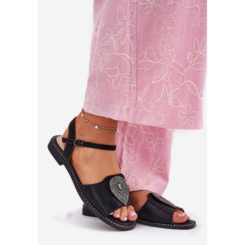 S.Barski Sandales à talons plats pour femmes avec un ornement S. Barski KV51-098 noir le noir 1