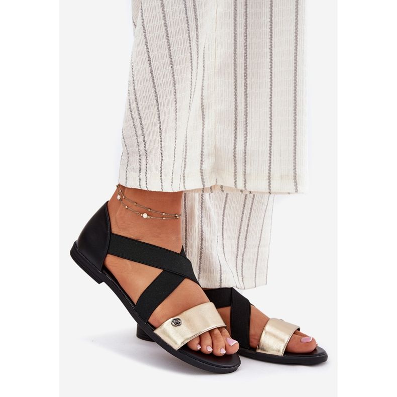 EVento Sandales pour femmes plates avec des rayures flexibles noires et or le noir 1