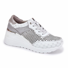 Cuir OpenWork Sports Shoes Sneakers on Wedge S.Barski LR51-641 blanc 2