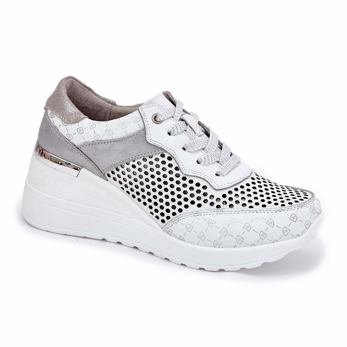 Cuir OpenWork Sports Shoes Sneakers on Wedge S.Barski LR51-641 blanc blanche 2