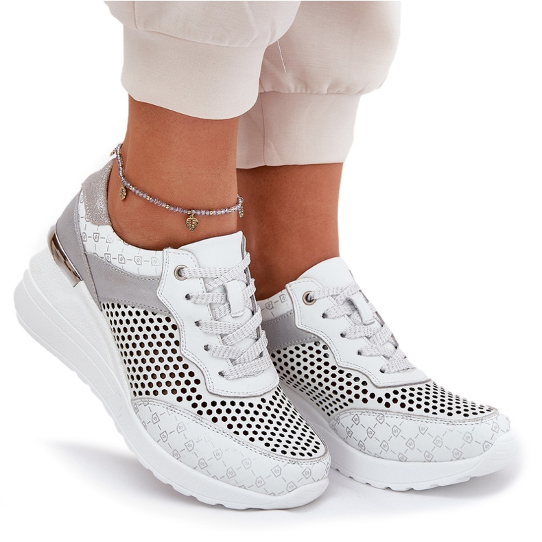 Cuir OpenWork Sports Shoes Sneakers on Wedge S.Barski LR51-641 blanc 4