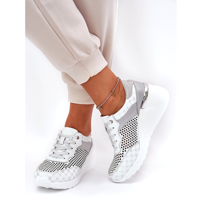Cuir OpenWork Sports Shoes Sneakers on Wedge S.Barski LR51-641 blanc blanche 1