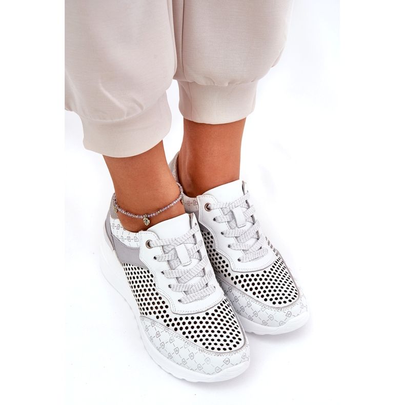 Cuir OpenWork Sports Shoes Sneakers on Wedge S.Barski LR51-641 blanc 3