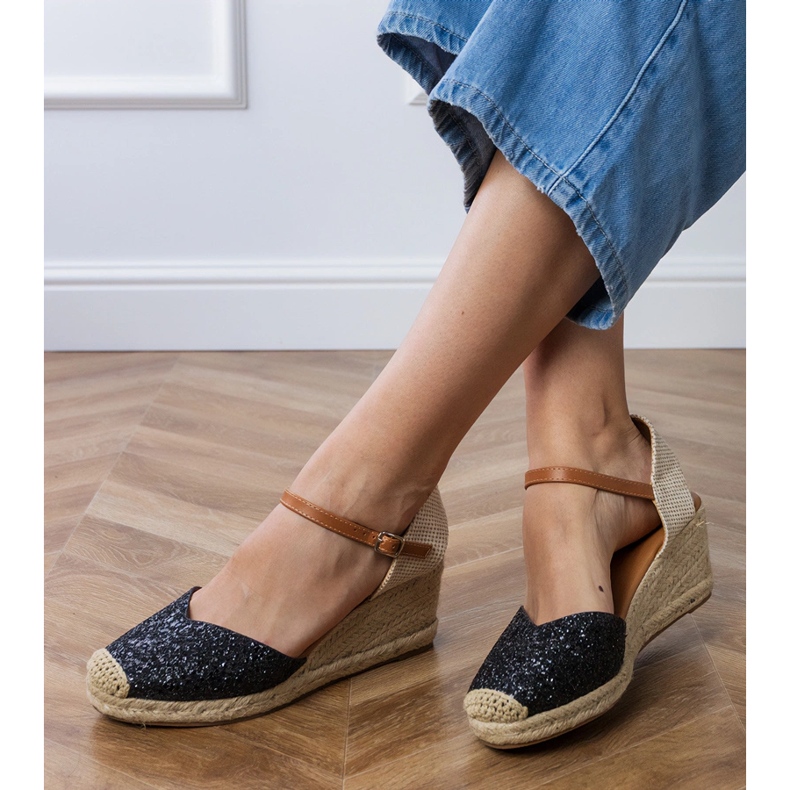 Sandales en brocart noir en coin le noir 2