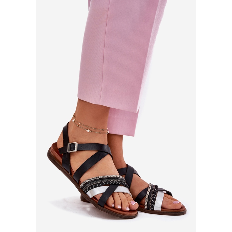 Sandales plates des femmes avec des rayures Sergio Leone SK087H le noir 1