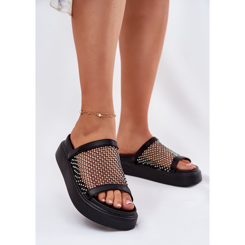 S.Barski Les tongs pour femmes décorés sur la plate-forme avec Mesh S. Barski My51-016 Black noir 2